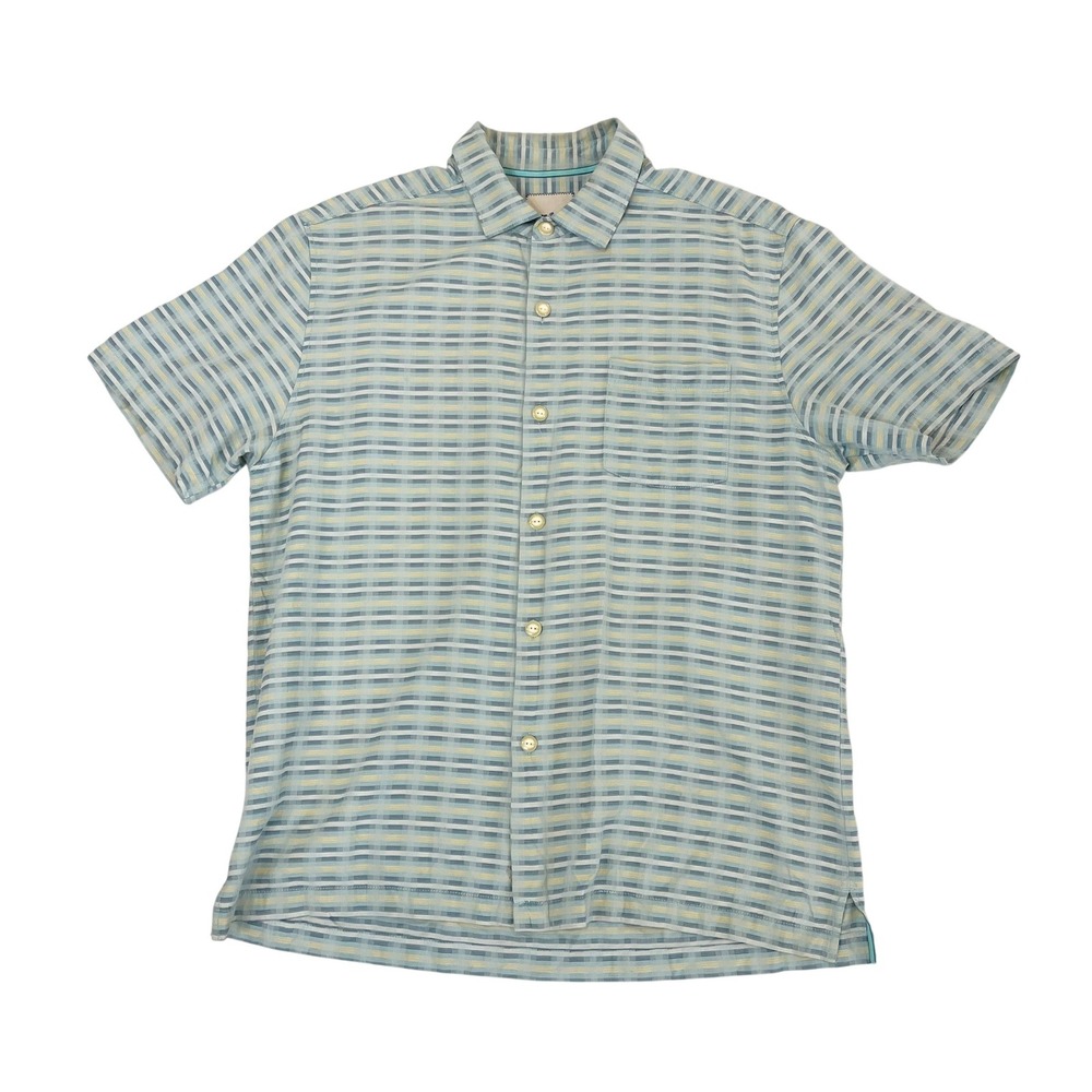Tommy Bahama Mens Large Silk Cotton Short Sleeve Button Down Striped Shirt Blue